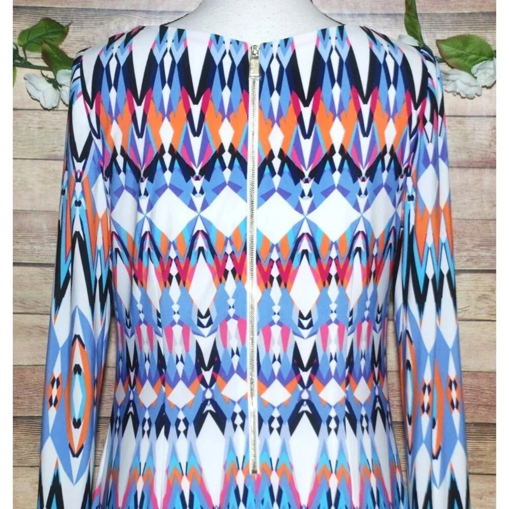 Vince Camuto Long Sleeve Geo Print Shift Dress Size 8 Office Career Bold Color